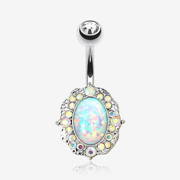 Victorian Fire Opal Florid Sparkle Belly Button Ring-White Opal/Aurora Borealis